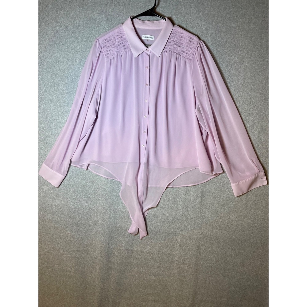 Calvin Klein Blouse Womens 2X Lavender Chiffon Button Up Waist Tie Sheer Sleeve‎